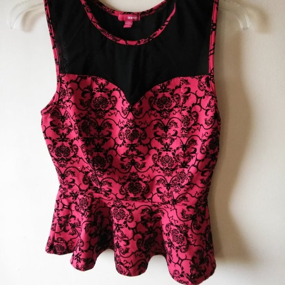 ❤️2 for 12❤️ Bongo Red Velvet Damask Peplum Top - Picture 4 of 5